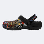 Irezumi Wave & Koi & Demon Face Print Fleece-Lined Clogs
