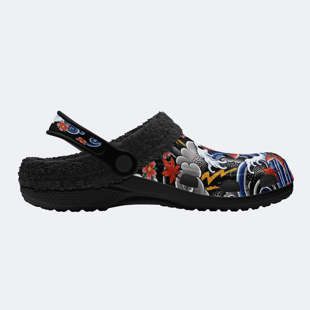 Irezumi Wave & Koi & Demon Face Print Fleece-Lined Clogs