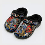 Irezumi Wave & Koi & Demon Face Print Fleece-Lined Clogs