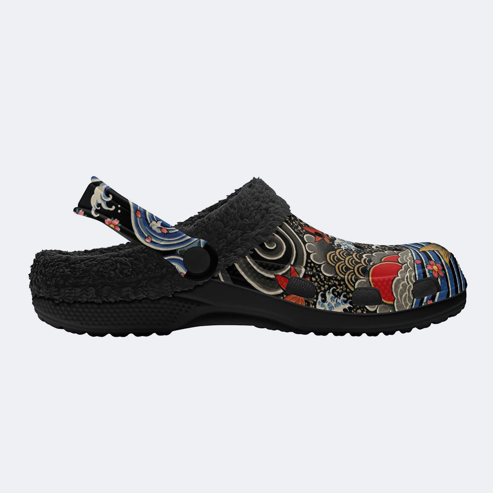 Irezumi Wave & Koi & Demon Face Print Fleece-Lined Clogs