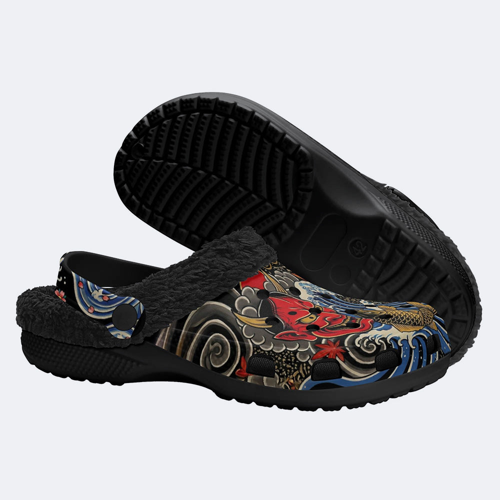 Irezumi Wave & Koi & Demon Face Print Fleece-Lined Clogs