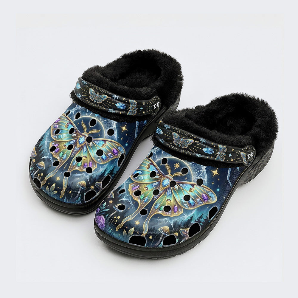 Ice Crystal Light Moth Print Fleece-Lined Clogs