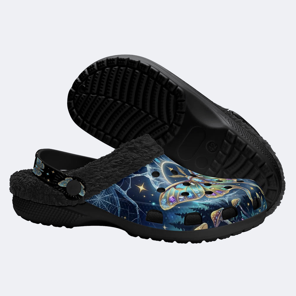 Ice Crystal Light Moth Print Fleece-Lined Clogs