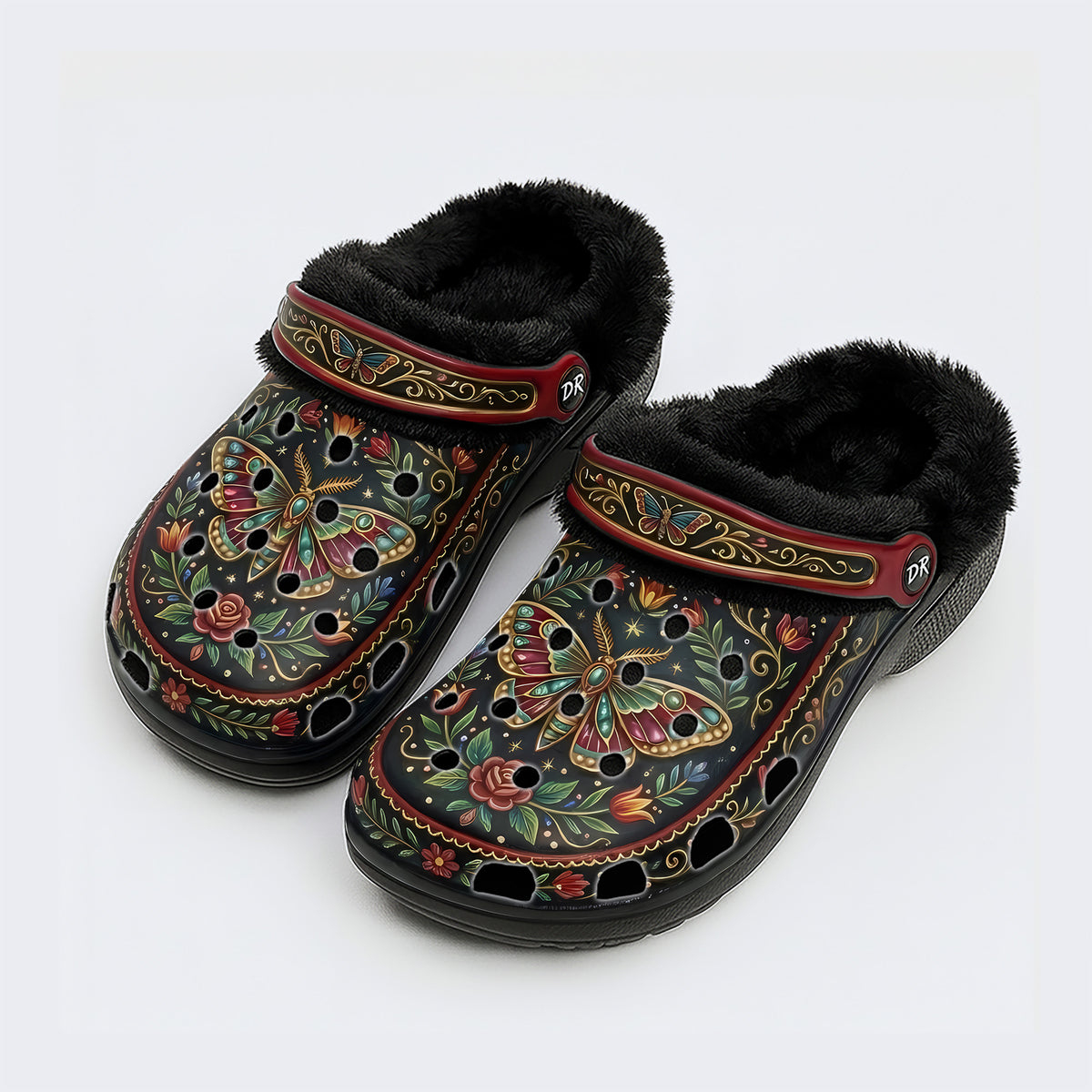 Jewel Moth Vintage Wreath Print Fleece-Lined Clogs