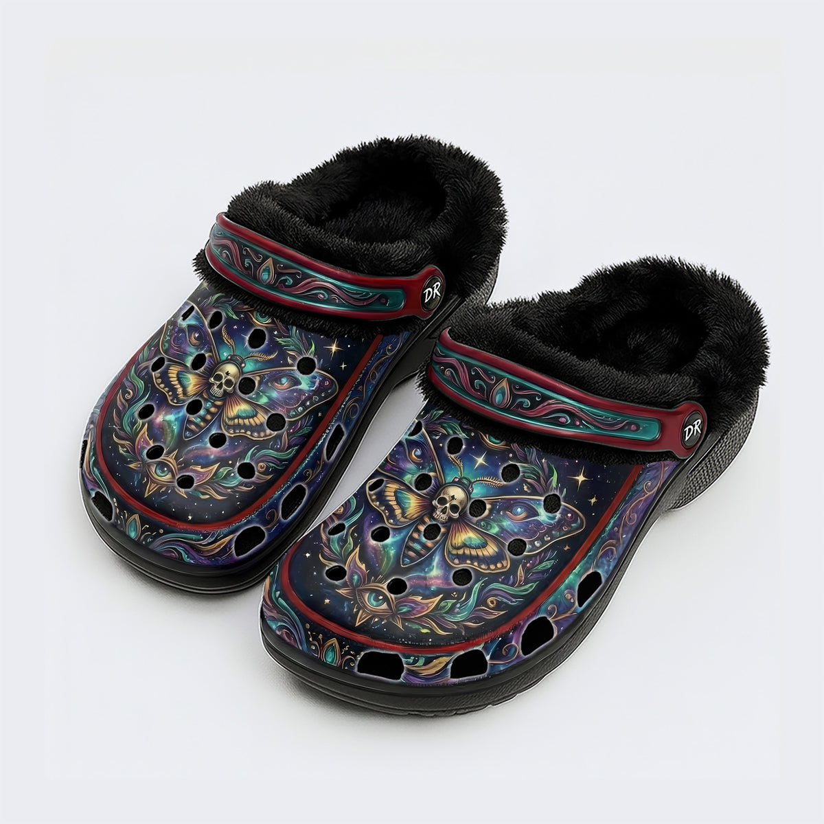 Cosmic Psychedelic Death Moth Print Fleece-Lined Clogs