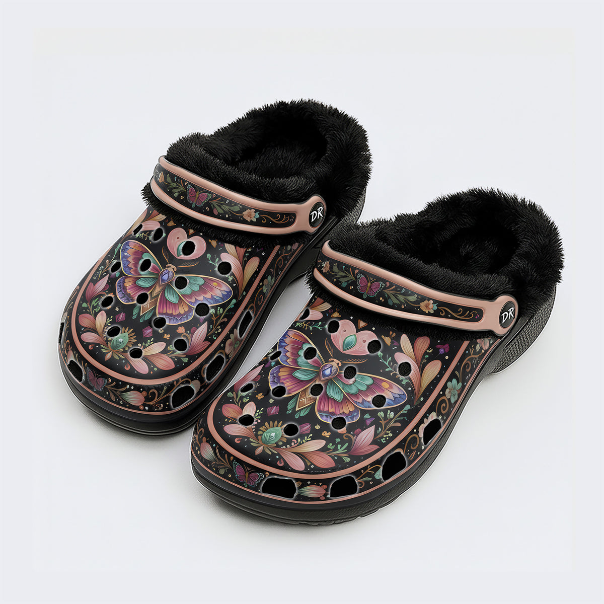 Dreamy Psychedelic Romantic Moth Print Fleece-Lined Clogs