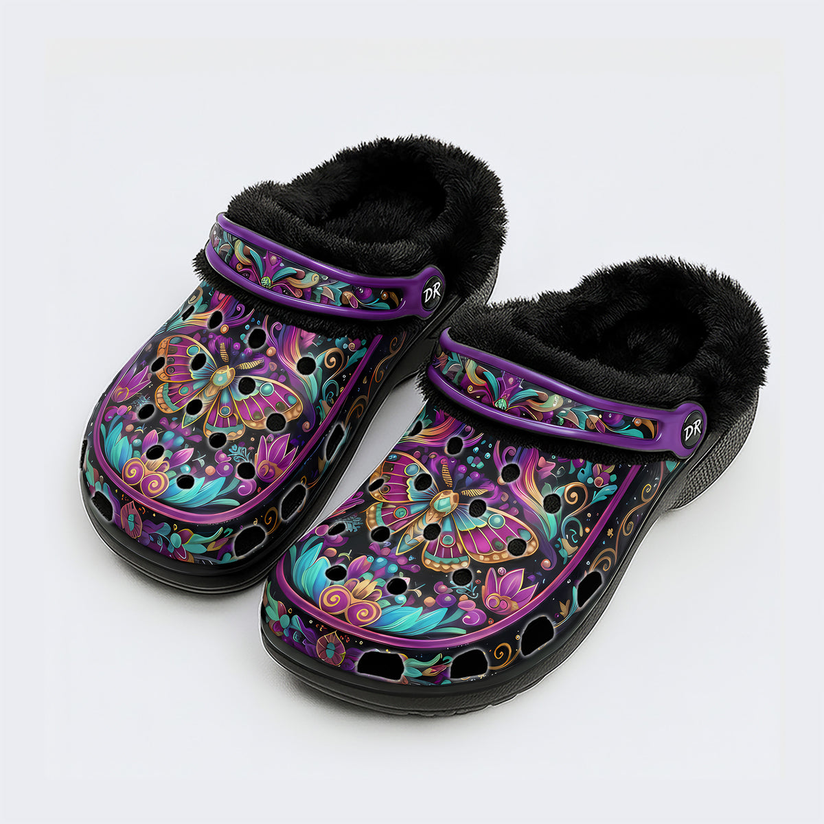 Iridescent Jewel Moth Print Fleece-Lined Clogs