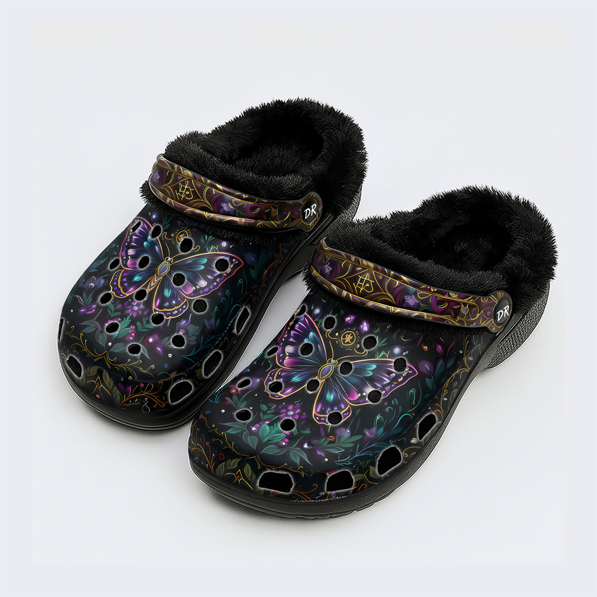 Dark Psychedelic Butterfly Wreath Print Fleece-Lined Clogs