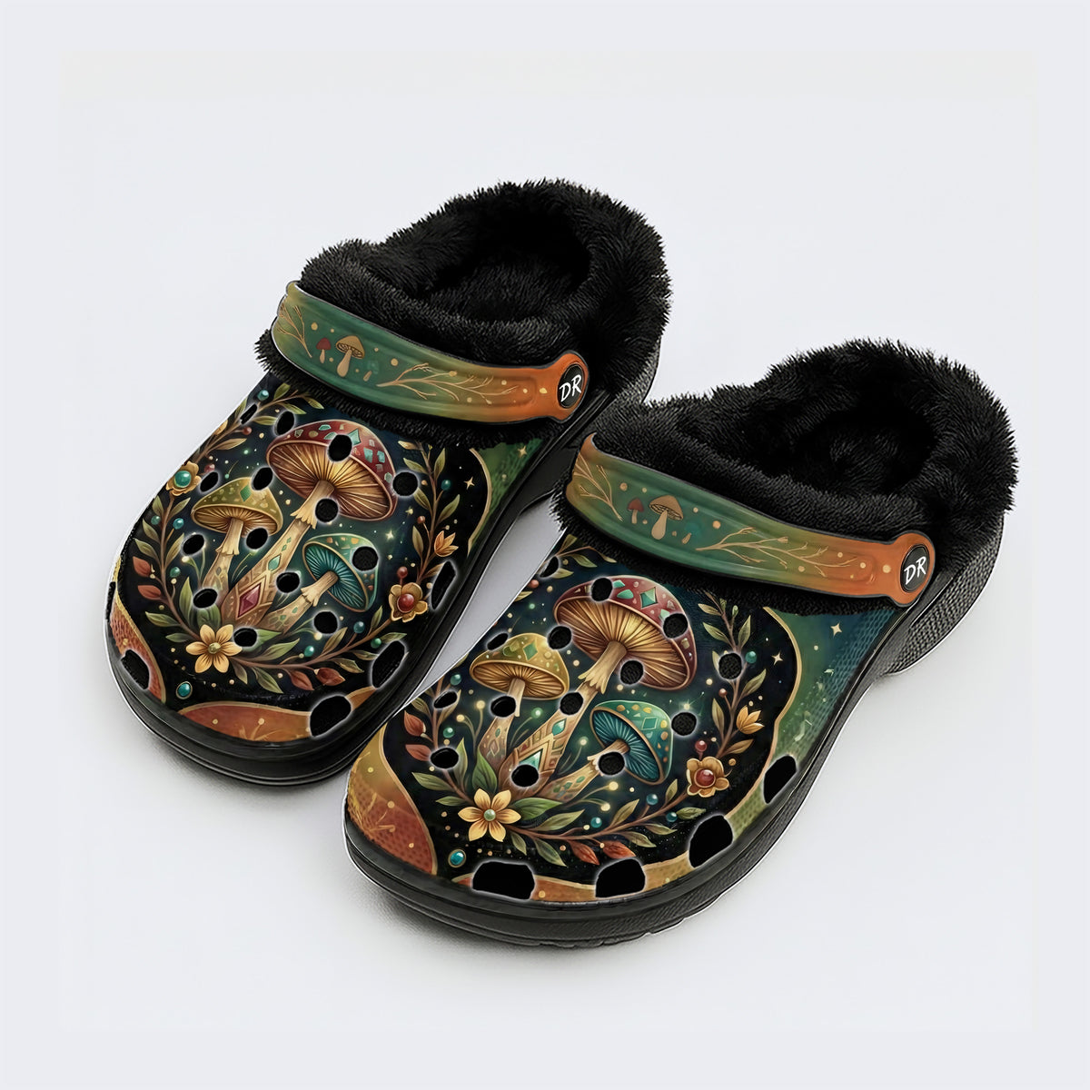 Jewel Mushroom Vintage Wreath Print Fleece-Lined Clogs