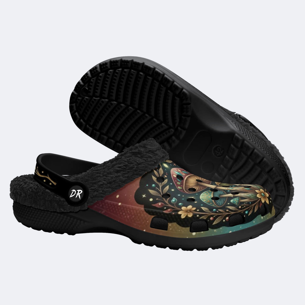 Jewel Mushroom Vintage Wreath Print Fleece-Lined Clogs
