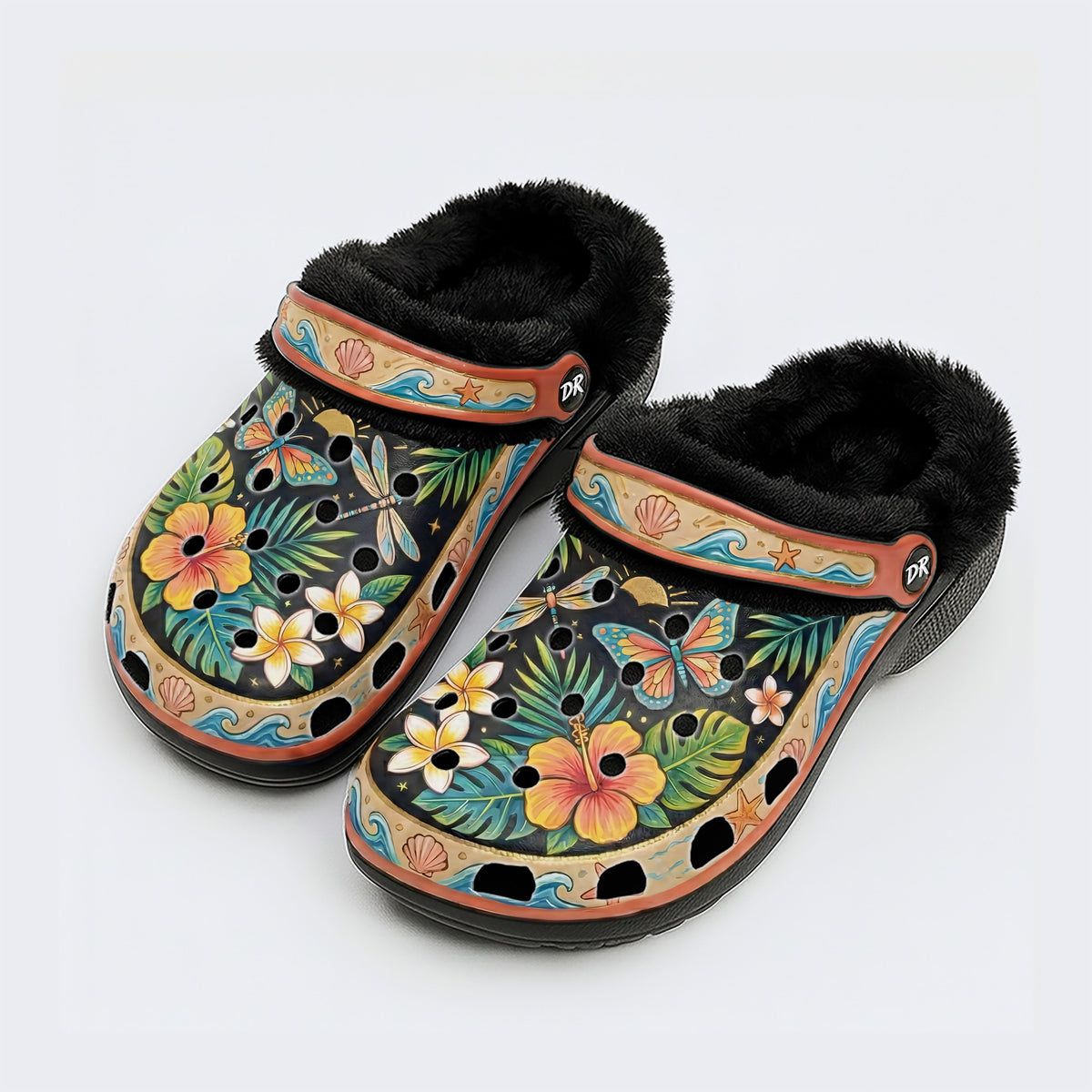 Tropical Butterfly Hibiscus Print Fleece-Lined Clogs