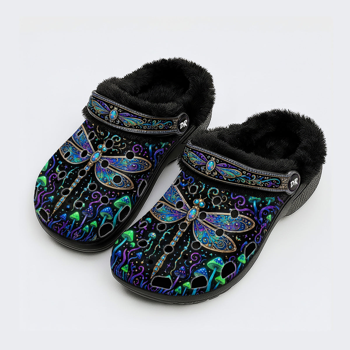 Psychedelic Jeweled Dragonfly Print Fleece-Lined Clogs