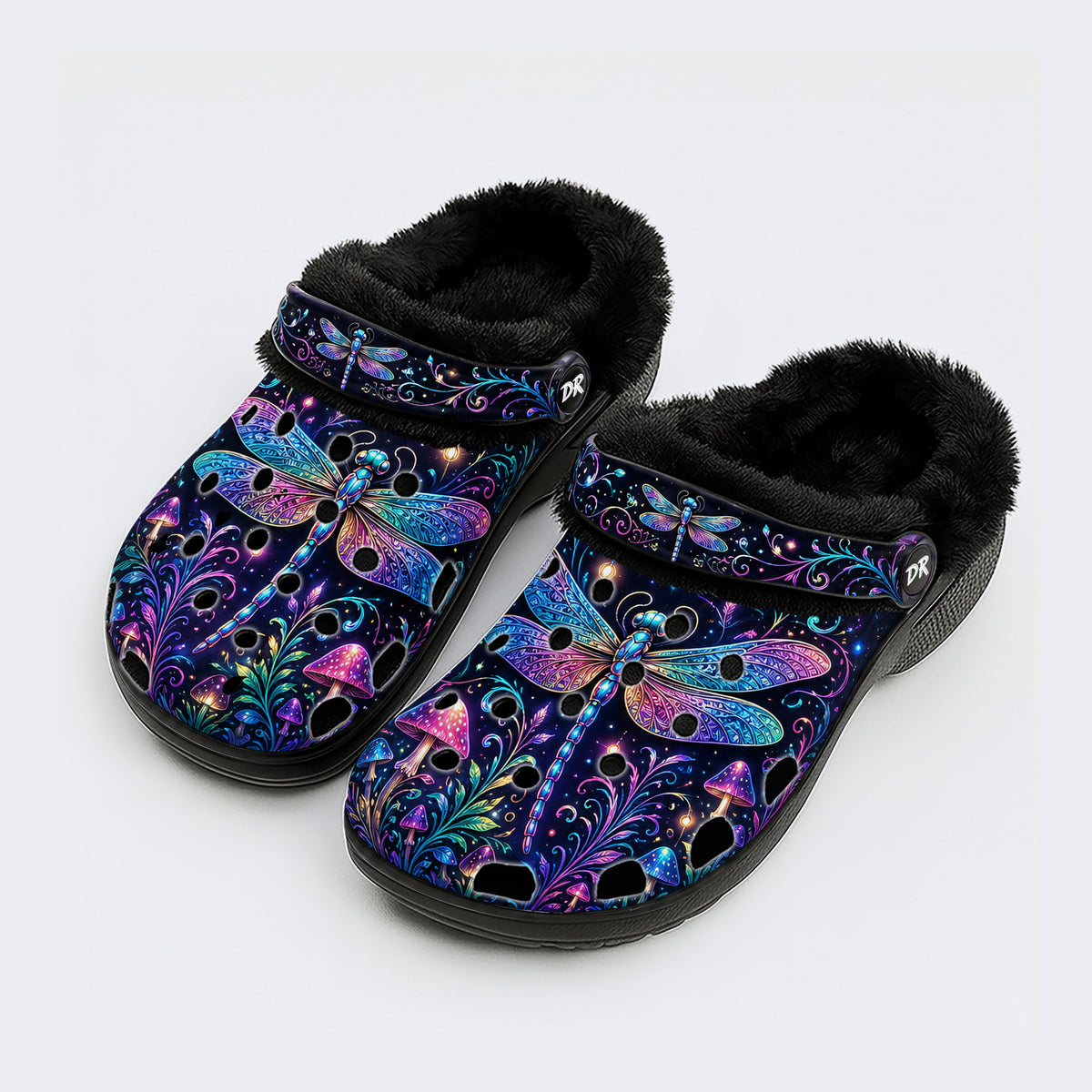 Psychedelic Mushroom Dragonfly Print Fleece-Lined Clogs