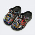 Irezumi Wave & Koi & Demon Face Print Fleece-Lined Clogs