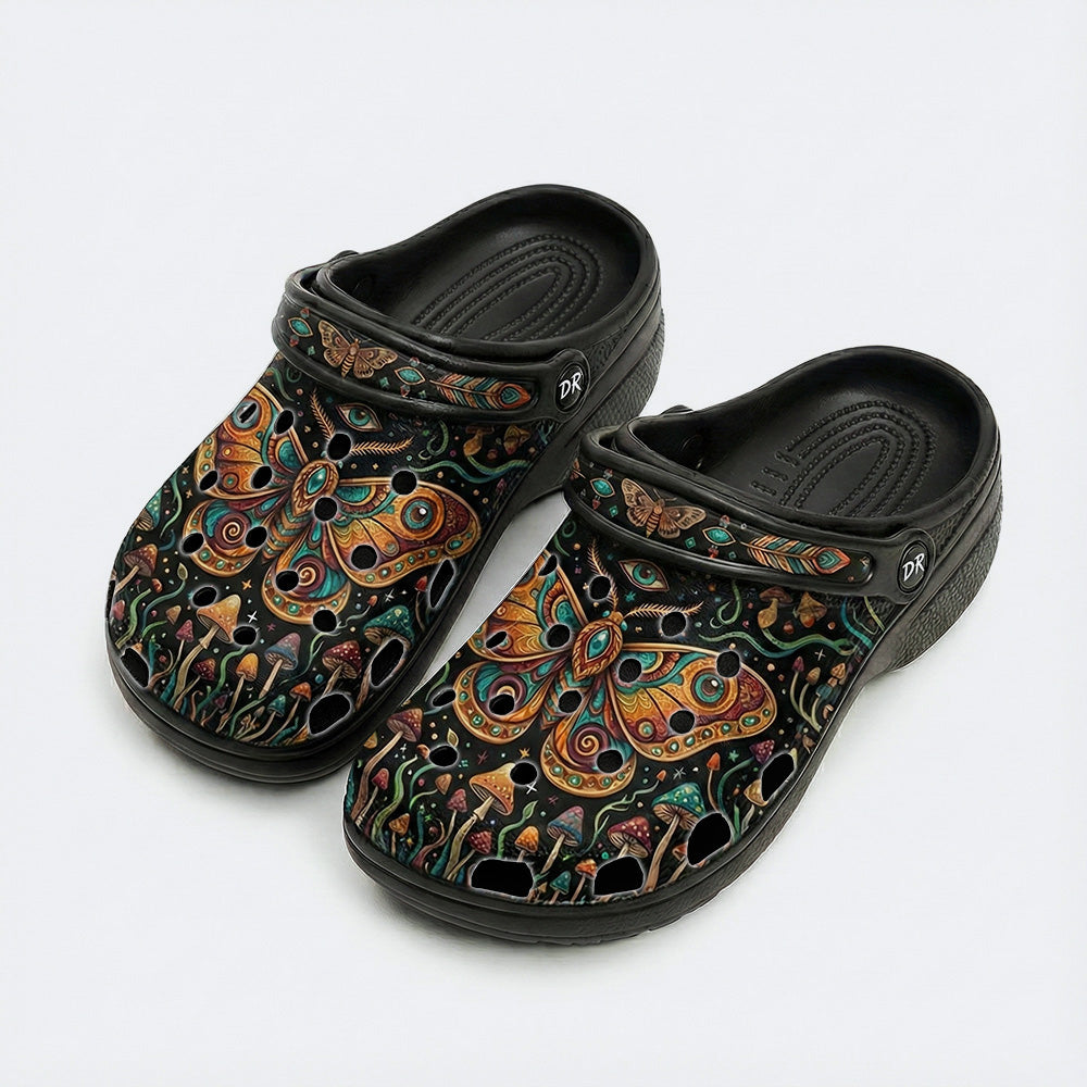 Psychedelic Mushroom Forest Moth Retro Print Fleece-Lined Clogs