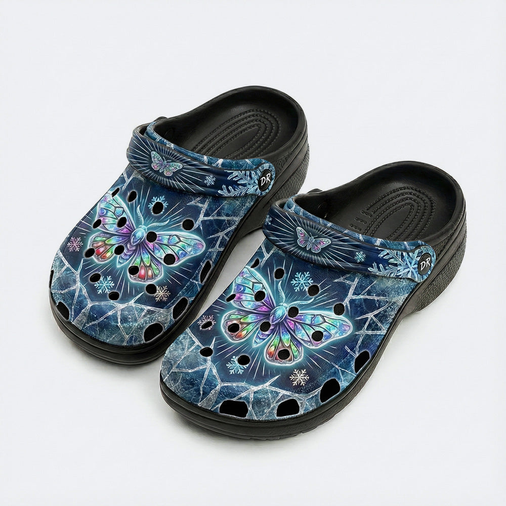 Ice Crystal Light Moth Print Fleece-Lined Clogs