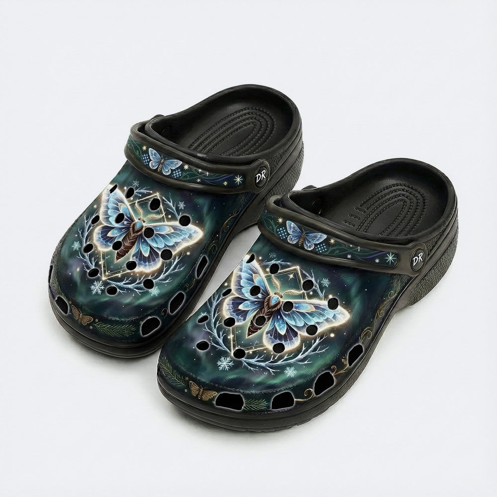 Ice Crystal Light Moth Print Clogs