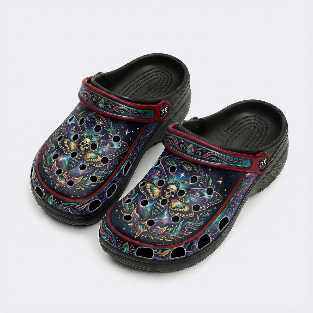 Cosmic Psychedelic Death Moth Print Fleece-Lined Clogs