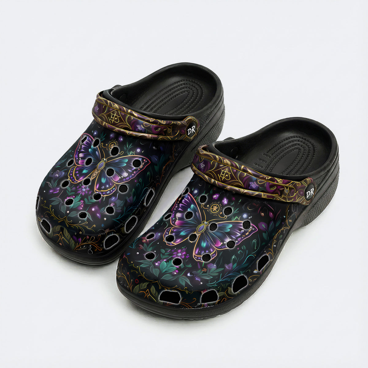 Dark Psychedelic Butterfly Wreath Print Fleece-Lined Clogs
