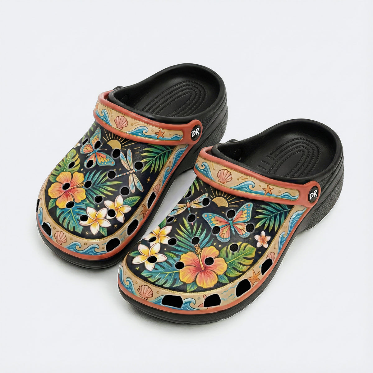 Tropical Butterfly Hibiscus Print Fleece-Lined Clogs
