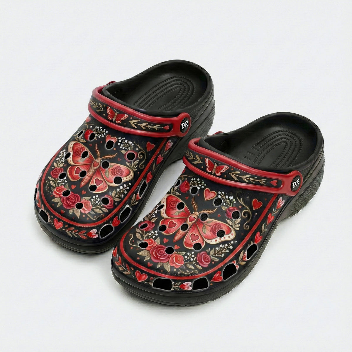 Red Rose Wreath Moth Print Clogs