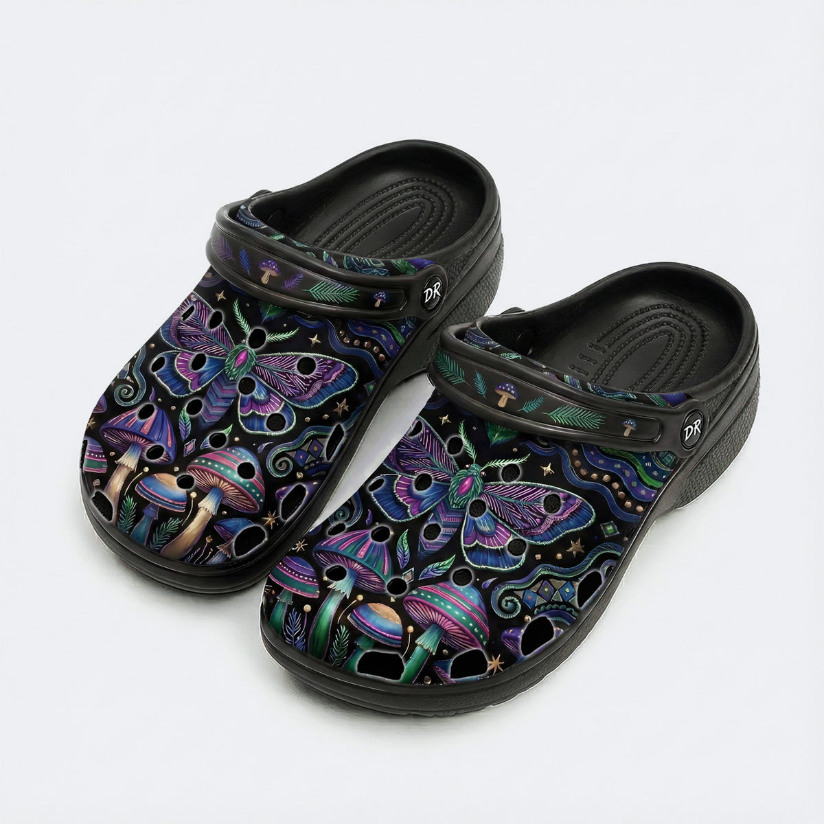 Vintage Mushroom Forest Moth Print Clogs
