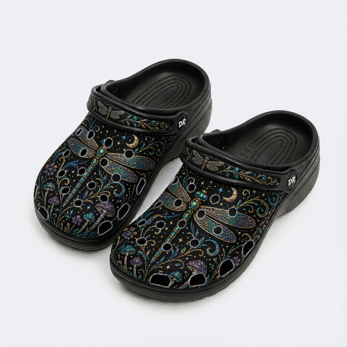 Vintage Dragonfly Print Fleece-Lined Clogs