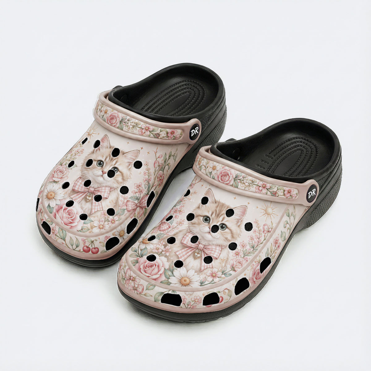 Pastel Kitten Floral Print Fleece-Lined Clogs