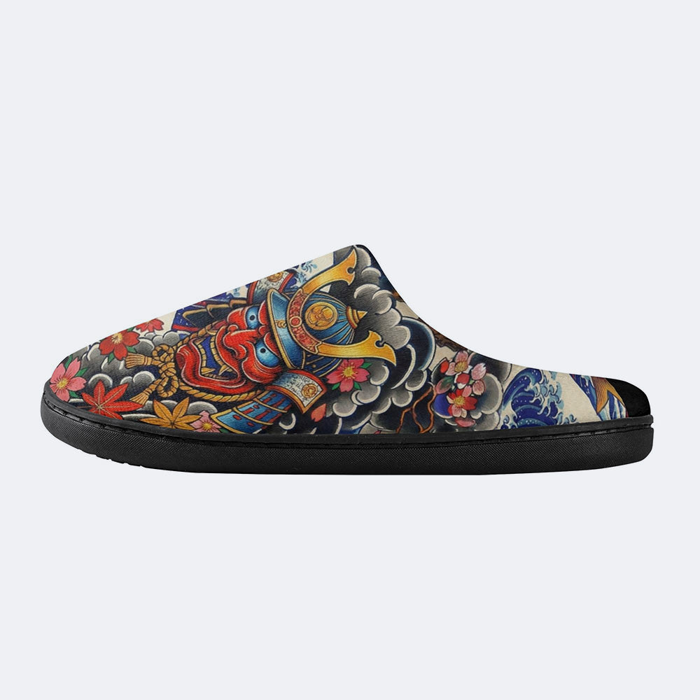 Irezumi Wave & Koi & Demon Face Print Fleece-Lined Slippers
