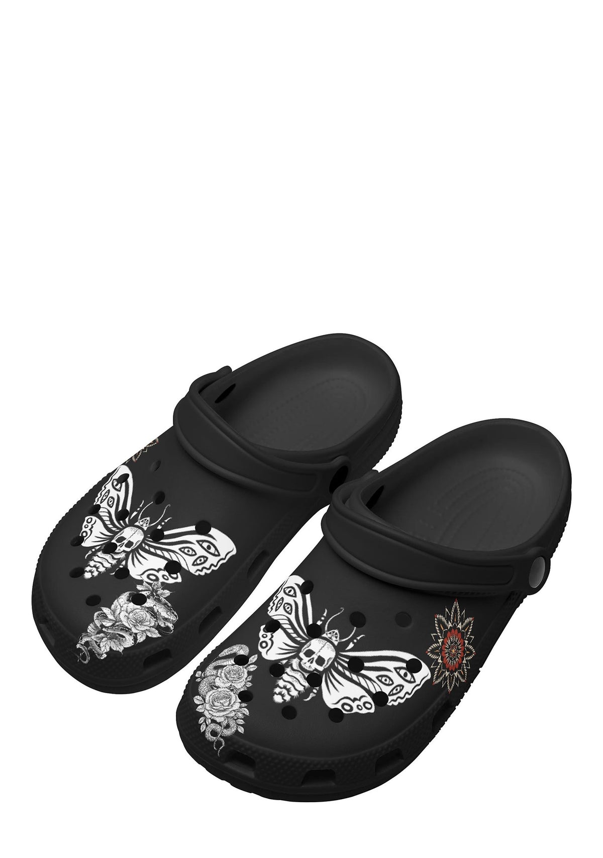 Angled view of black slip-ons featuring skull moths and floral tattoo graphics