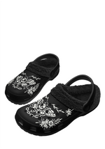 Tattoo-style moth and spider print on black gothic slippers