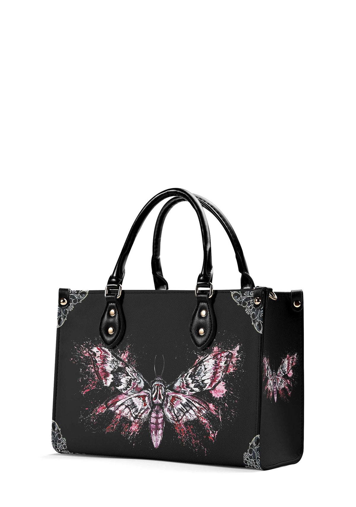 side view of death moth graffiti handbag with bold pink ink details on black background
