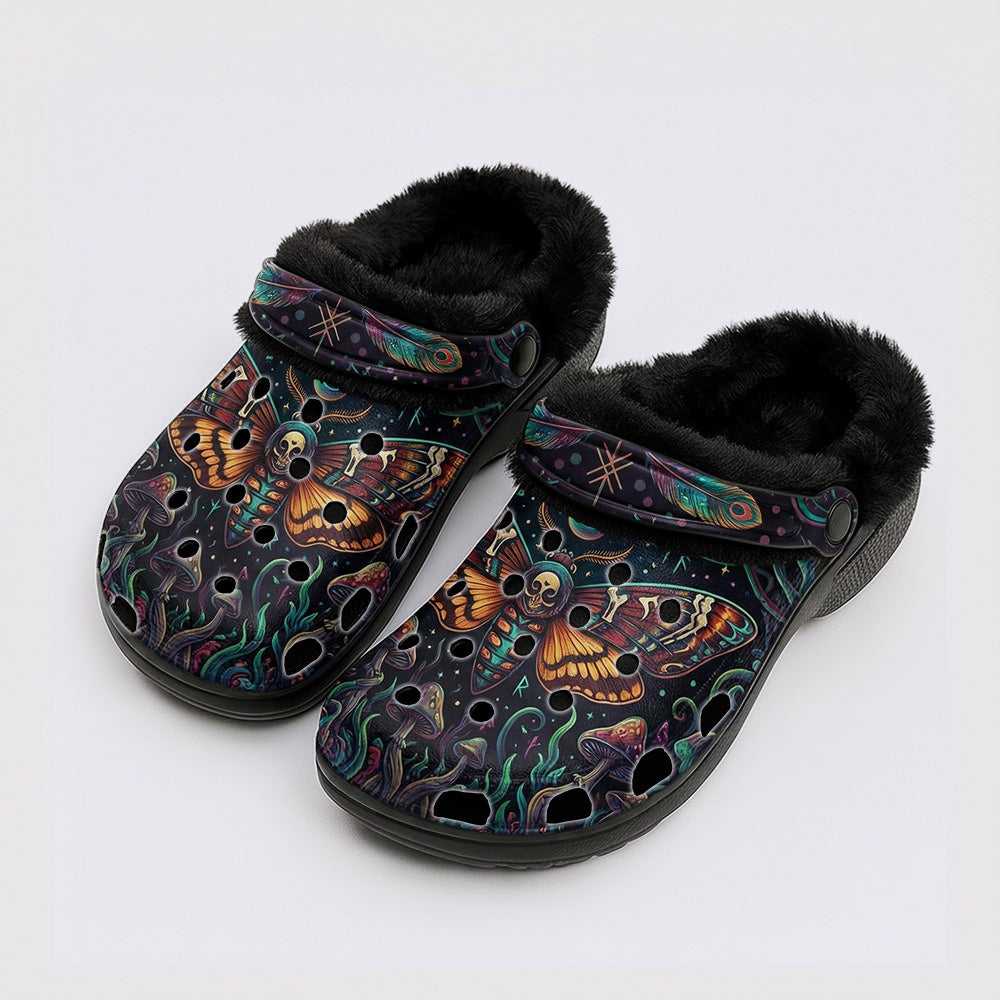 Mushroom Forest Death Moth Print Fleece-Lined Clogs