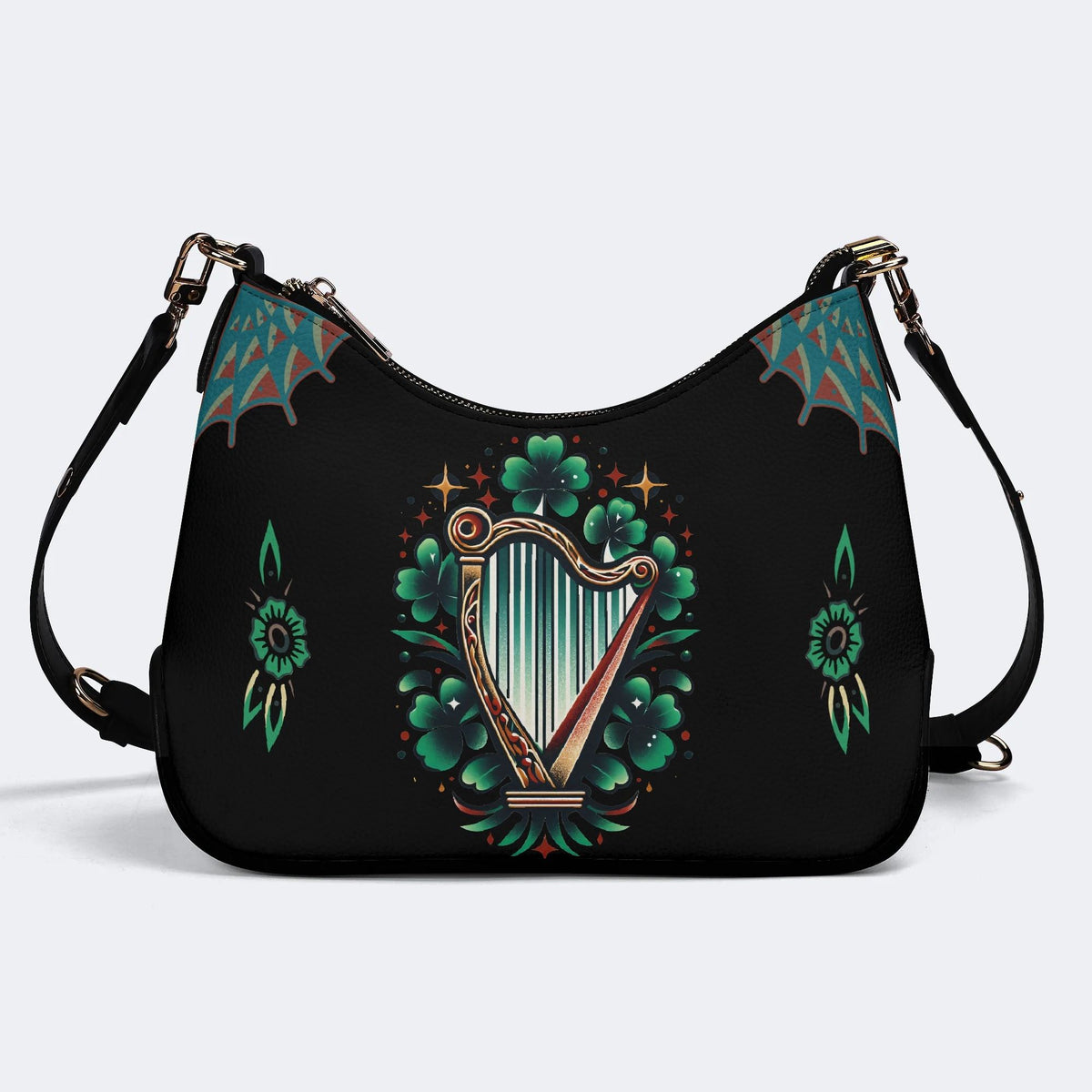 Irish Harp & Shamrocks Print - Leather Crossbody Bag