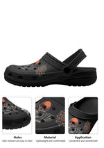 Close-up of tattoo moth print, skull eclipse, and ventilation holes of black gothic slippers