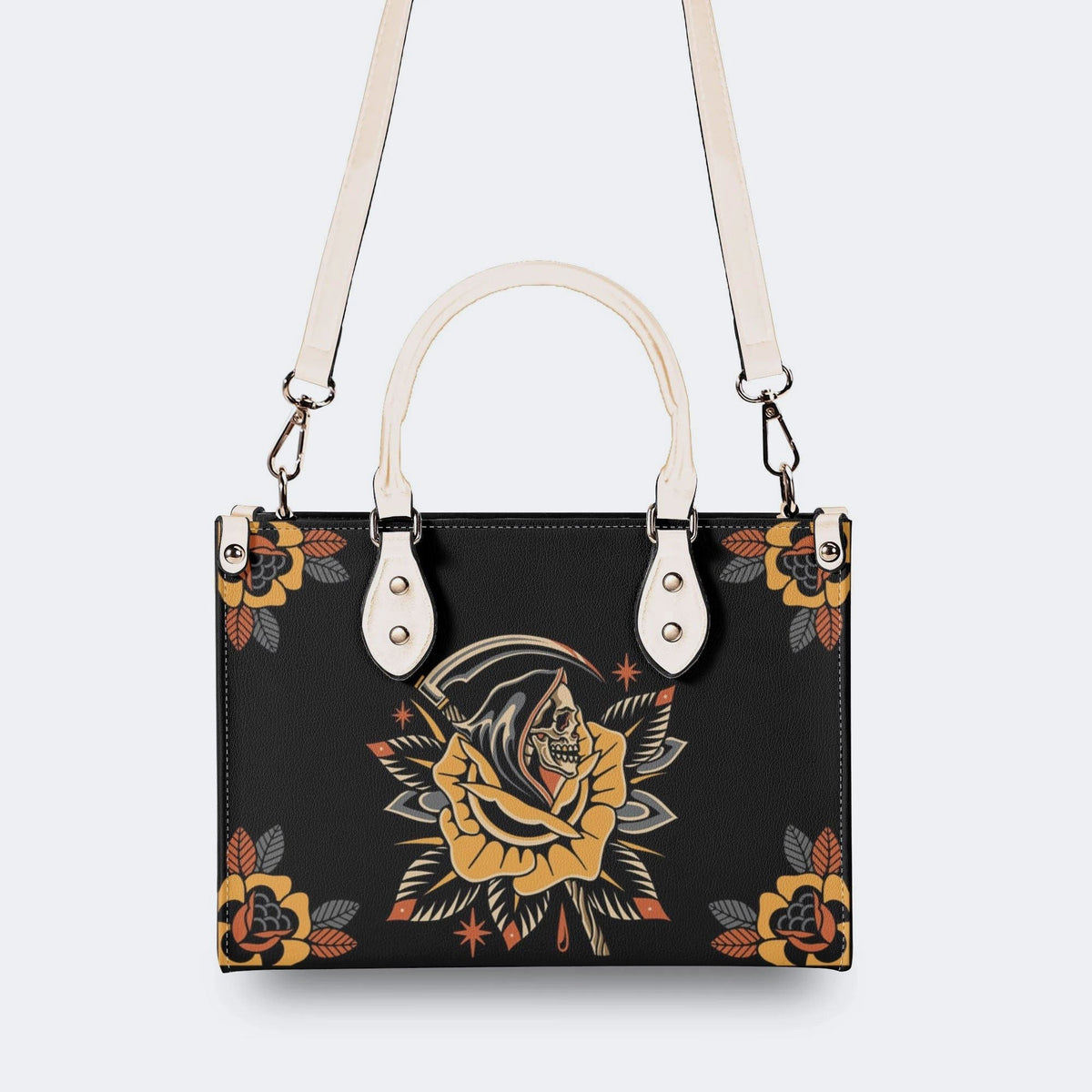 Grim Reaper Flowers Print - Leather Handbag