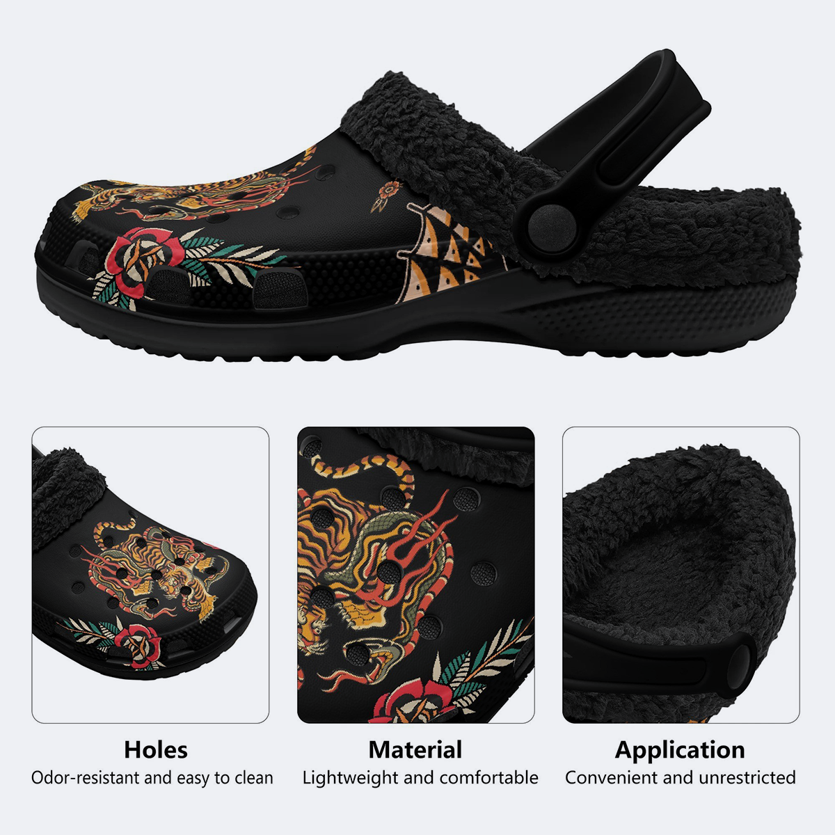 Old School Tiger & Snake Print - Fur Lined Slippers/Sandals