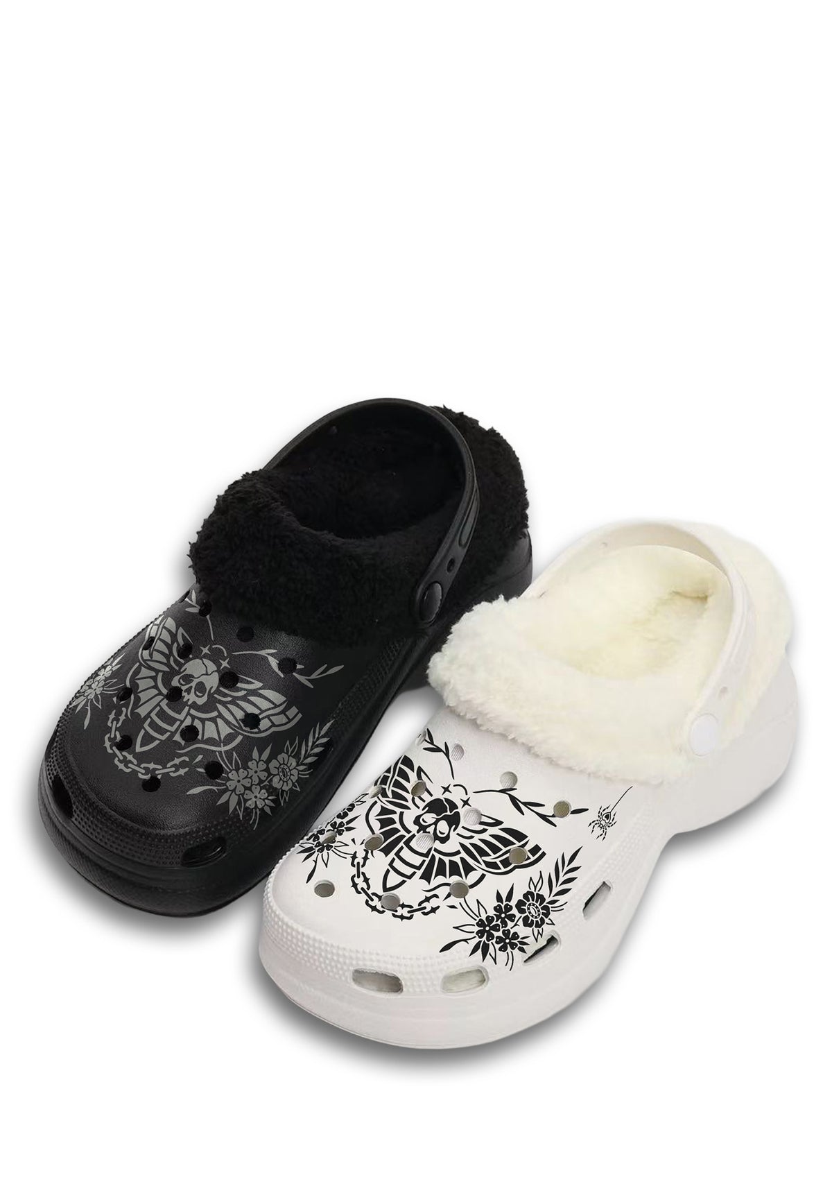 Gothic death moth slippers in black and white with floral skull print