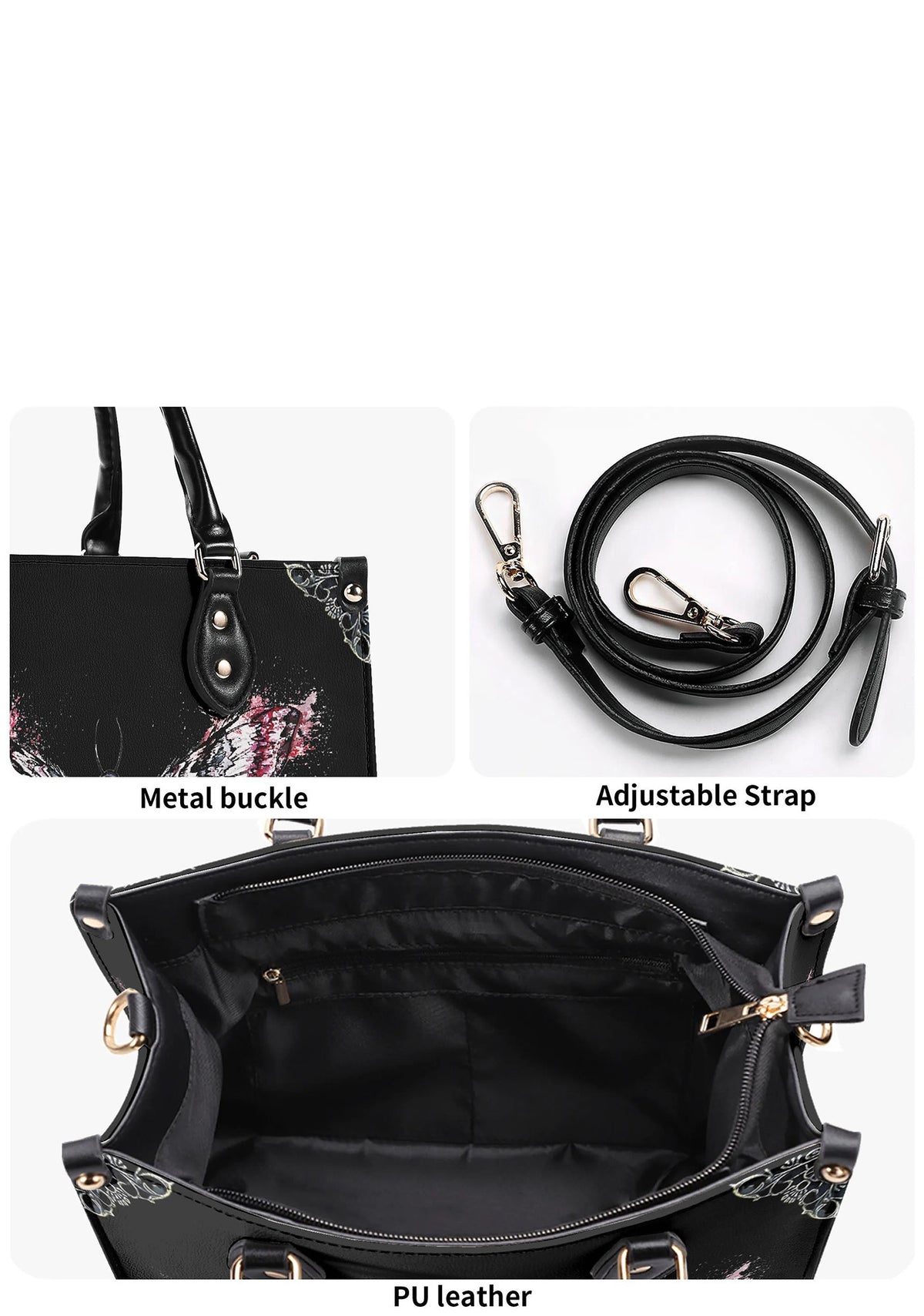 close-up of metal hardware, adjustable strap, and PU leather finish of the tattoo moth handbag