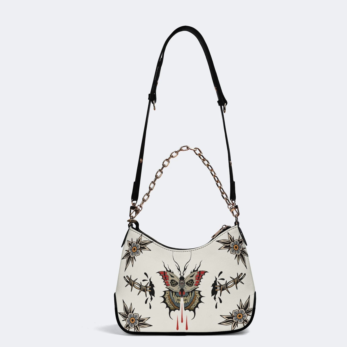 Death Moth And Flowers Print - Leather Crossbody Bag