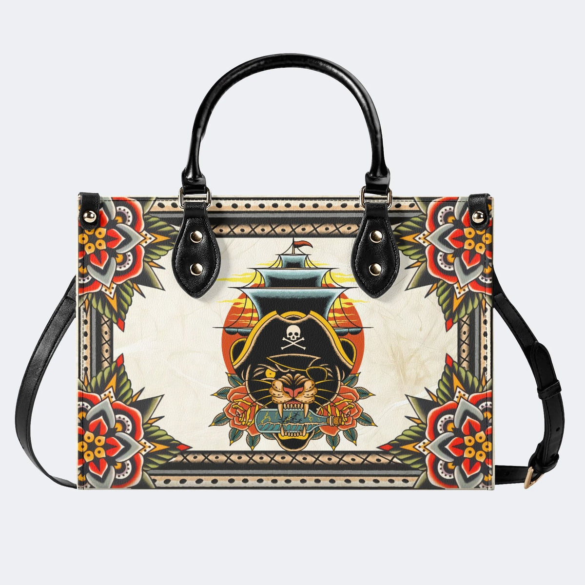 Vintage Black Panther On The Boat - Leather Handbag