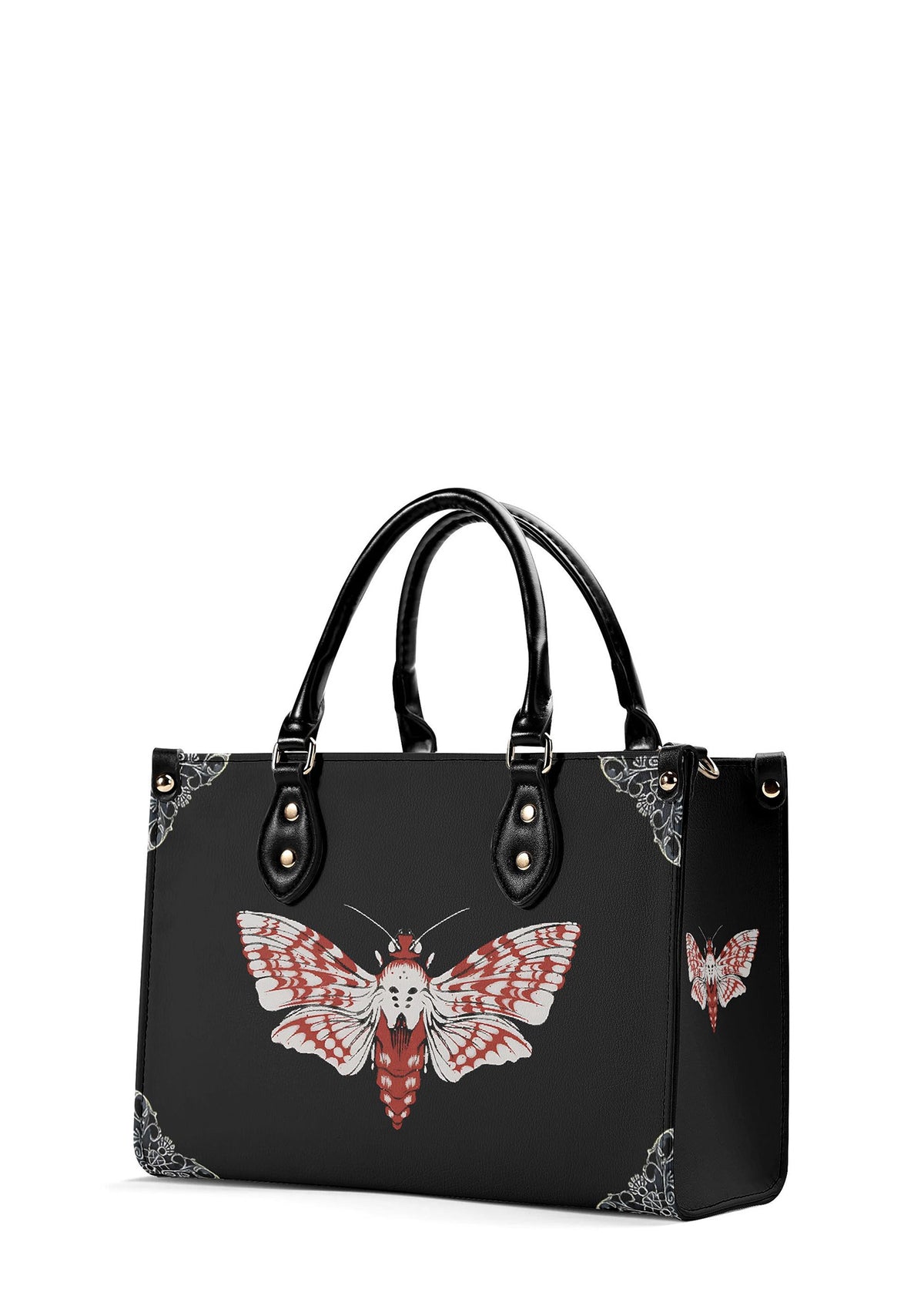 Side view of Venom Moth Handbag showing gothic moth print and bag structure