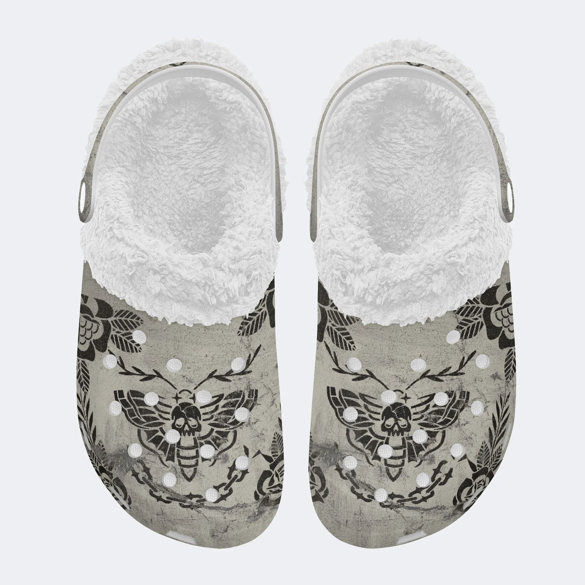 Retro Moth Print - Fur Lined Slippers/Sandals