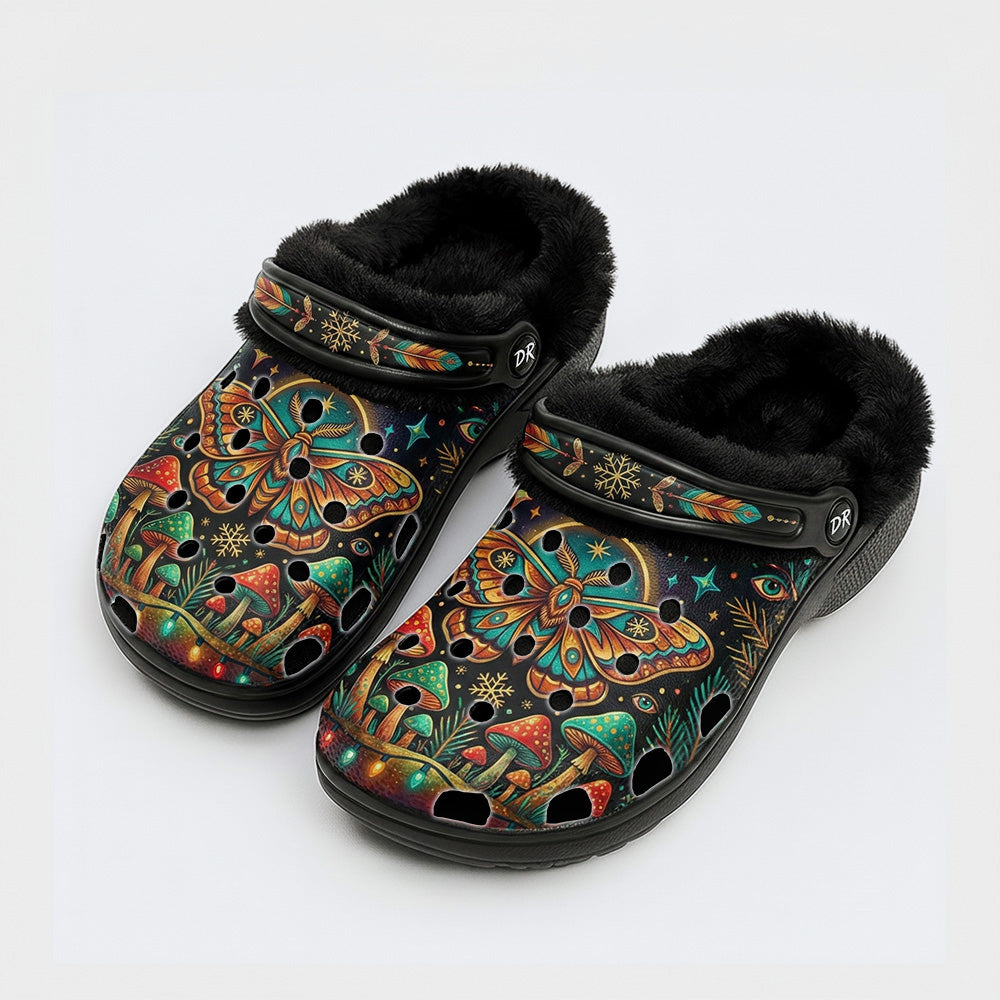 Psychedelic Gem-Colored Moth Forest Retro Print Fleece-Lined Clogs