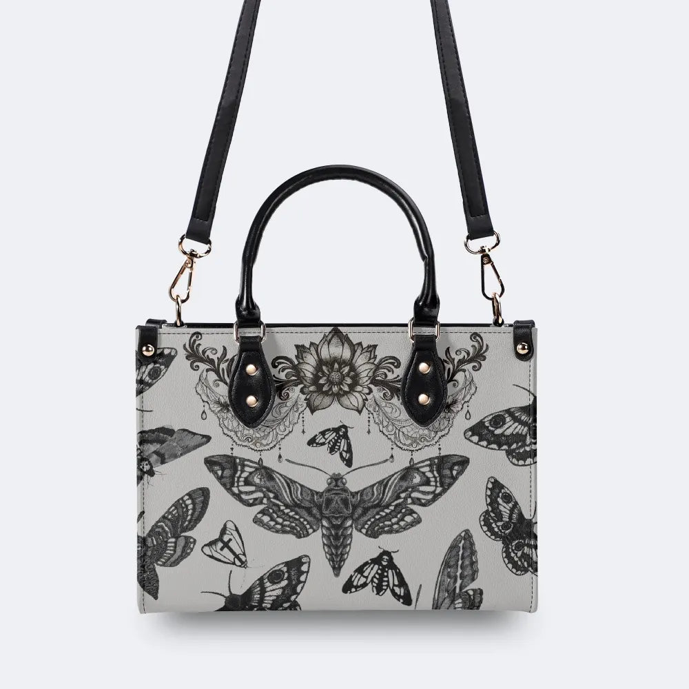 Vintage Moth And Black Lace Print - Leather Handbag