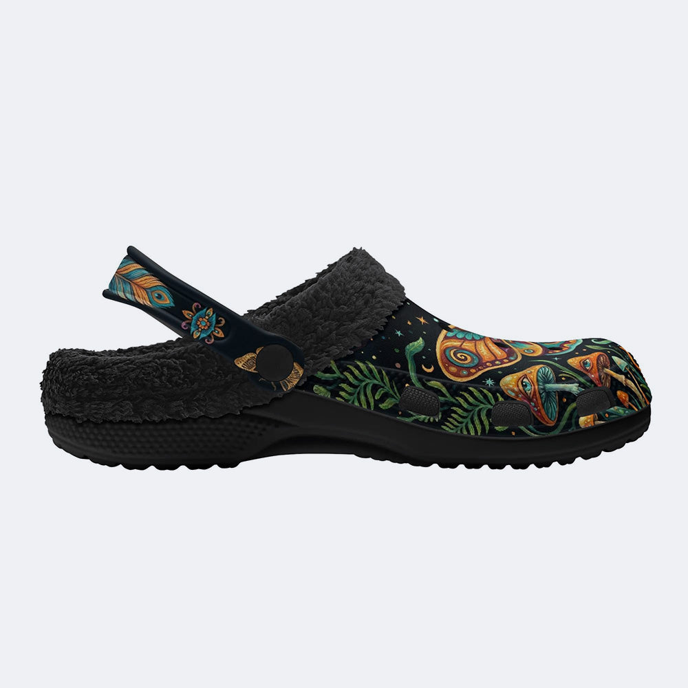 Psychedelic Mushroom Forest Moth Retro Print Fleece-Lined Clogs