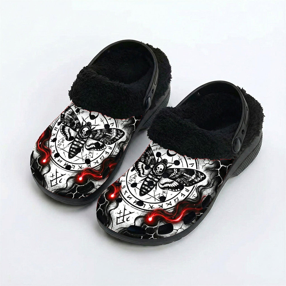 Dark Magic Death Moth Print Fleece-Lined Clogs