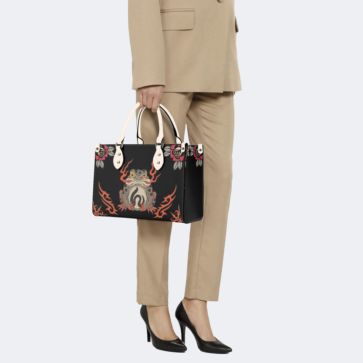 Japanese Style Frog Print - Leather Handbag
