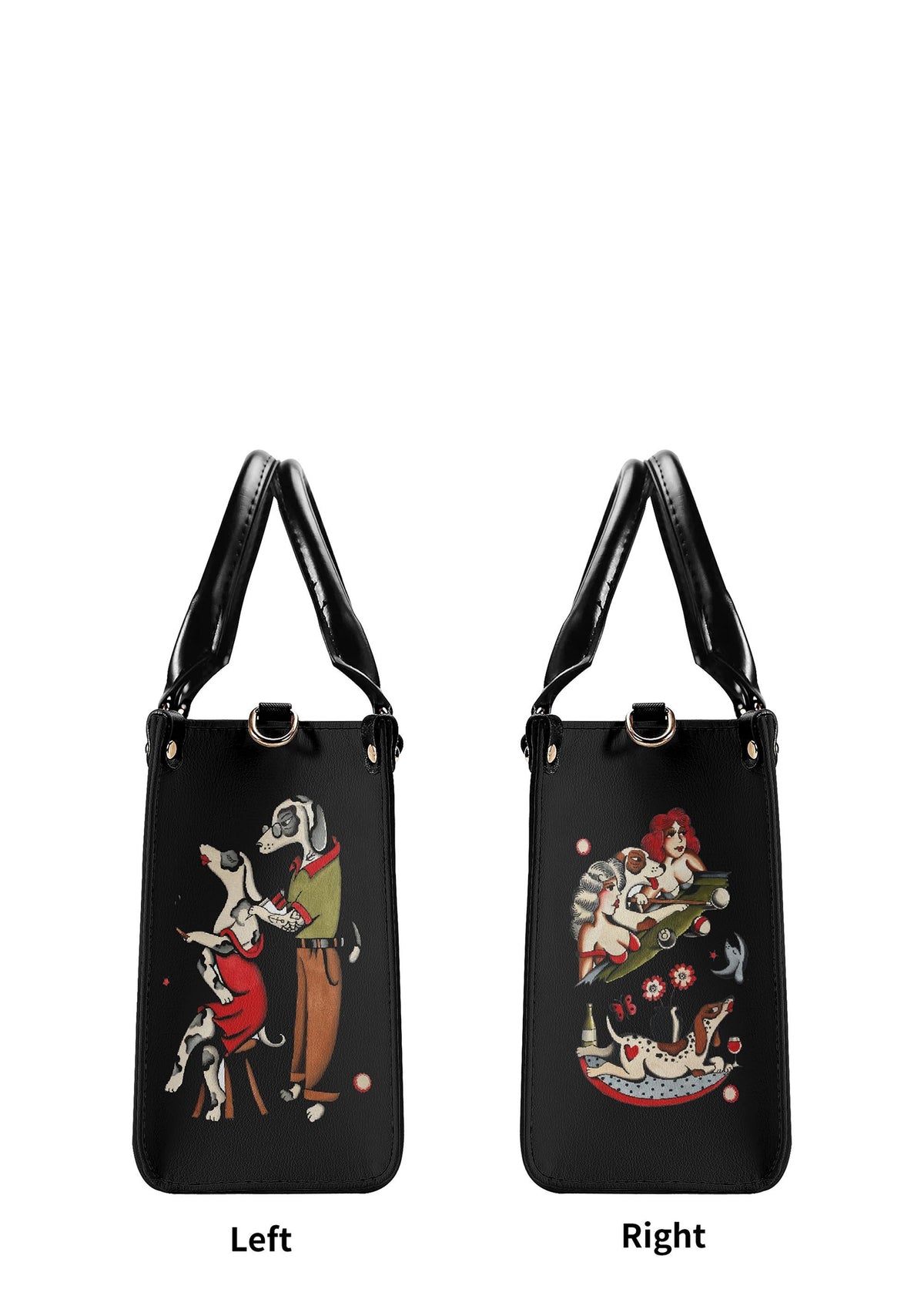 Left and right panel views showing vintage tattoo illustrations and dog romance