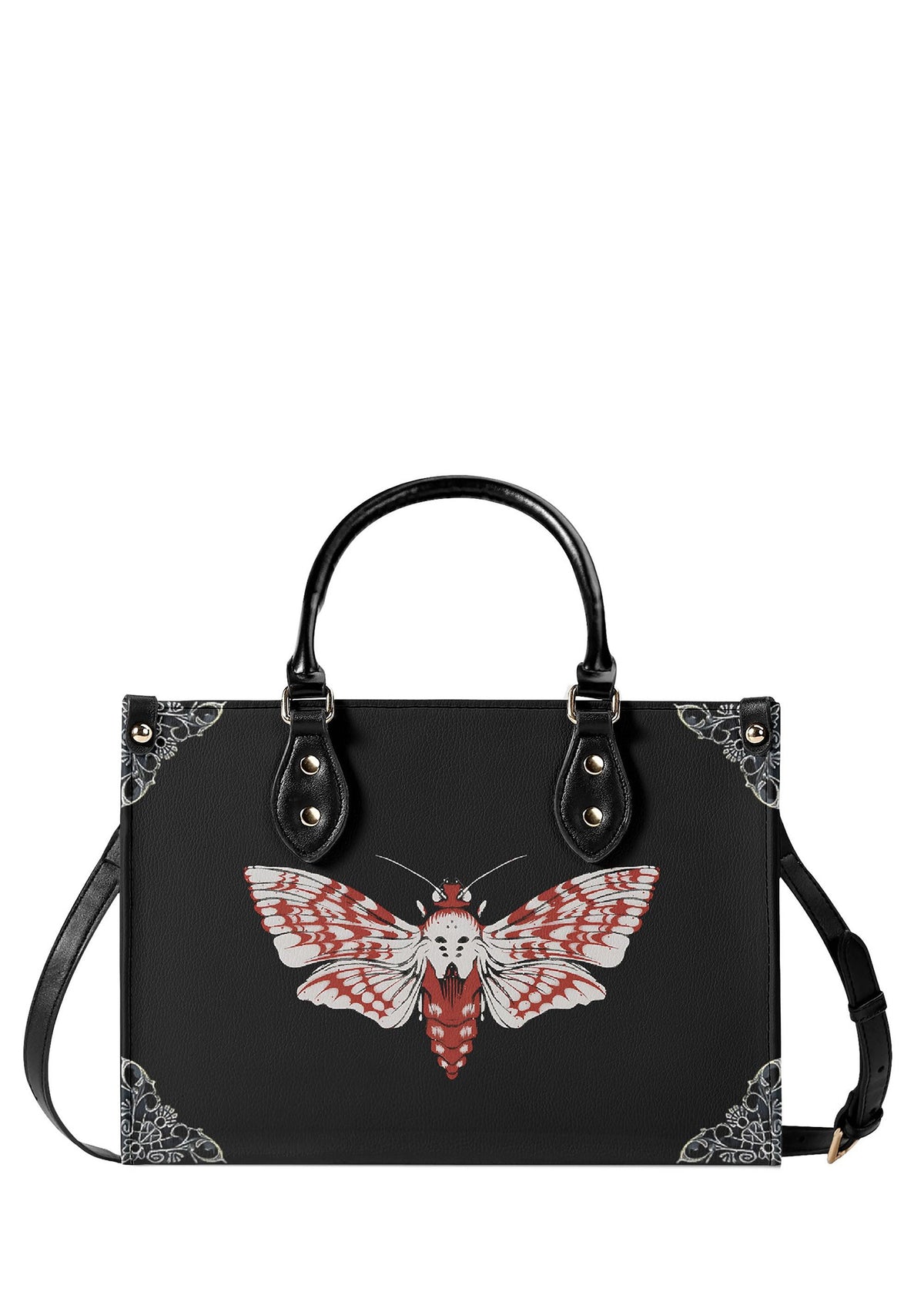 Gothic-style black handbag with red and white venom moth and ornate corner designs